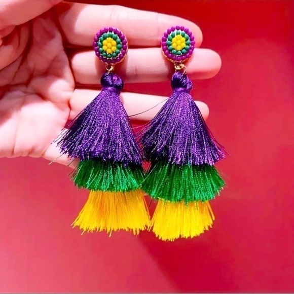 Mardi Gras Beaded Stud Tassel Earrings - Picture 1 of 2